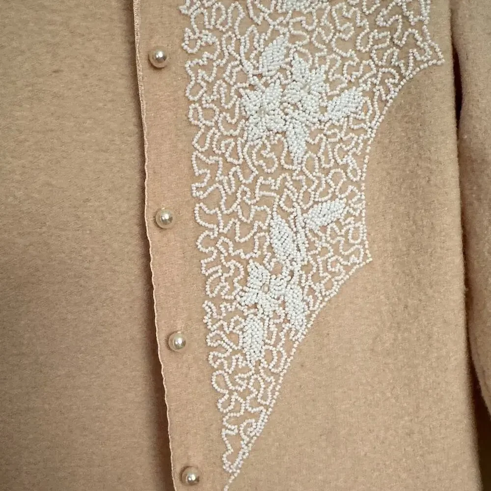 Vintage 50s 60s Chic Beige Women's Beaded Cardigan Pearl Button - Picture 4 of 8